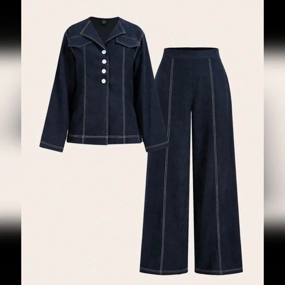 2pcs Women Casual Colorblock Outseam Blouse And Pants Suit, Autumn - Picture 7 of 9